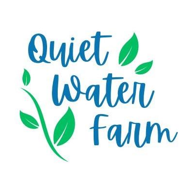 The Quiet Water Farm logo in blue script with green leaves